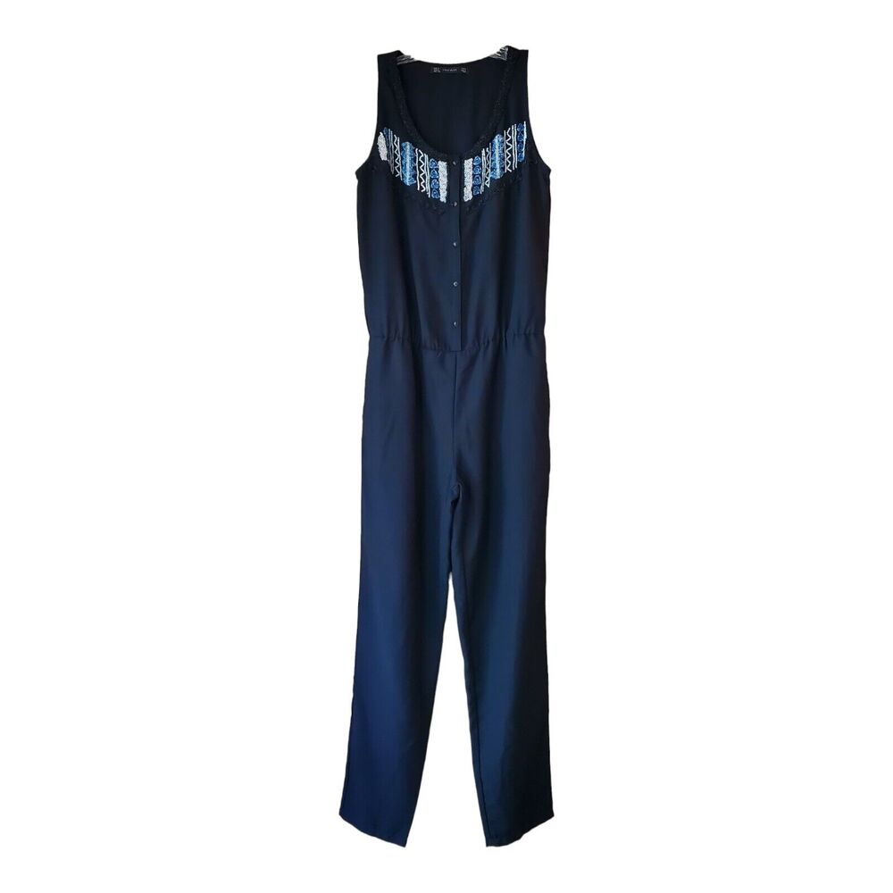 ZARA TRAFALUC Women's S Jumpsuit Black Beaded Elastic Waist Pockets Bust 34"